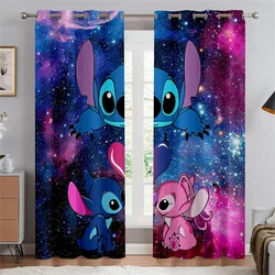 Starry Sky Stitch Curtains Cute Cartoon Window Decoration Pole Pockets Polyester Shade Curtains Bedroom Living Room Home 2pcs