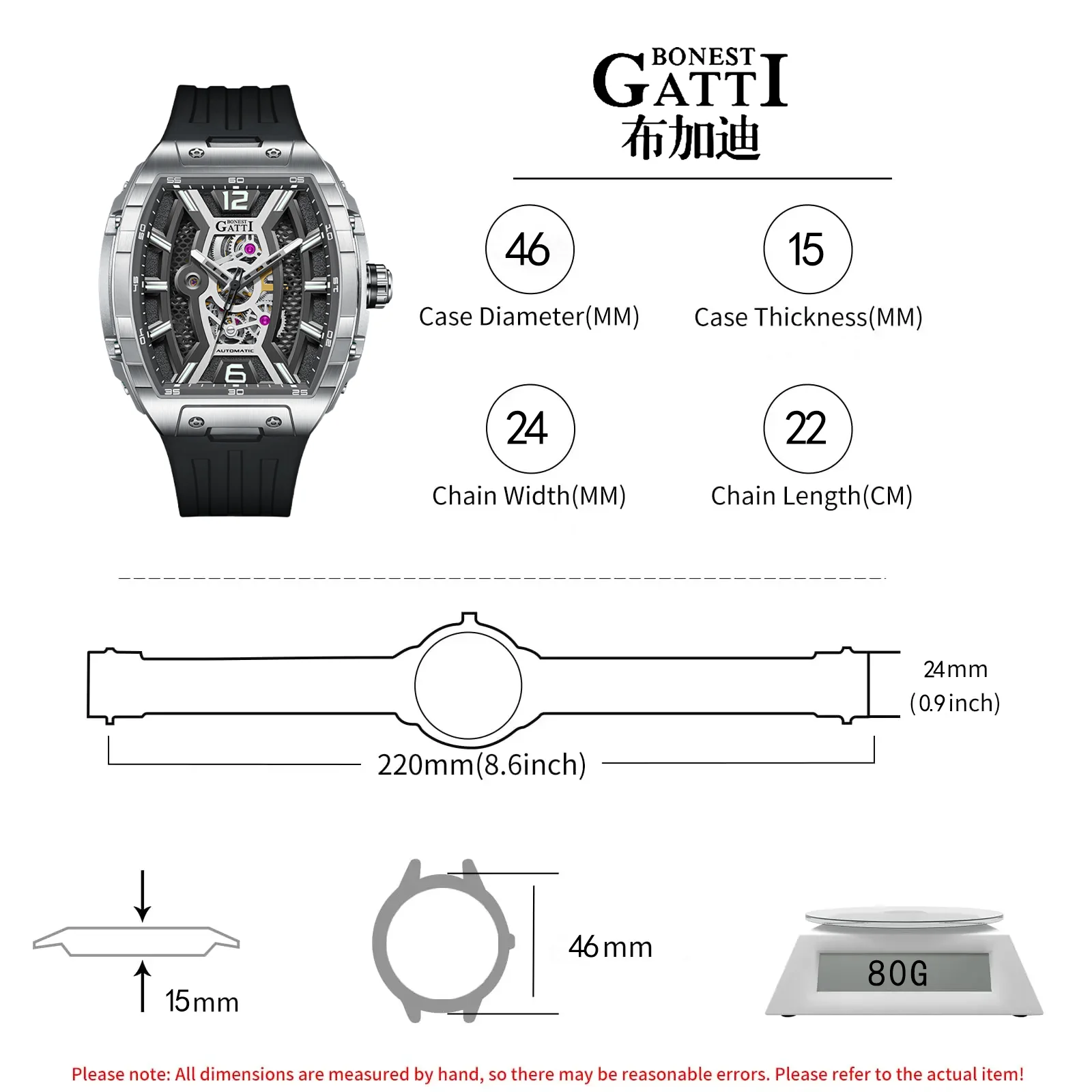 BONEST GATTI Men's Tonneau Auto Mechanical Watch Luxury Sapphire Crystal Silicone Strap 5ATM German Crafted Crafted BG-5601