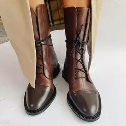 Round Women Boots Solid Color Leather Lace Up French Temperament Women Boots Anti-Slip Wear-Resistant Comfortable Booties