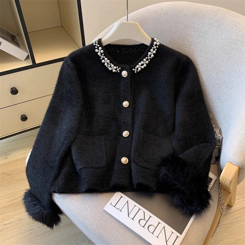 

French Style Spliced Long Sleeve Cardigan Coat 2025 Women's New Elegant Beading Single Breasted Sweater Autumn Fashion Lady Tops