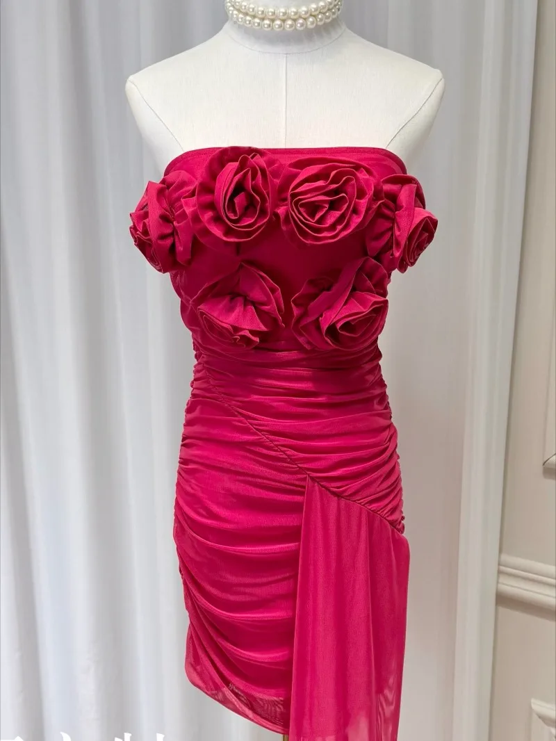 

Elegant Temperament Princess Evening Dresses Three-dimensional Flower Off Shoulder Tube Top Sexy Slim Irregular A-line Dress