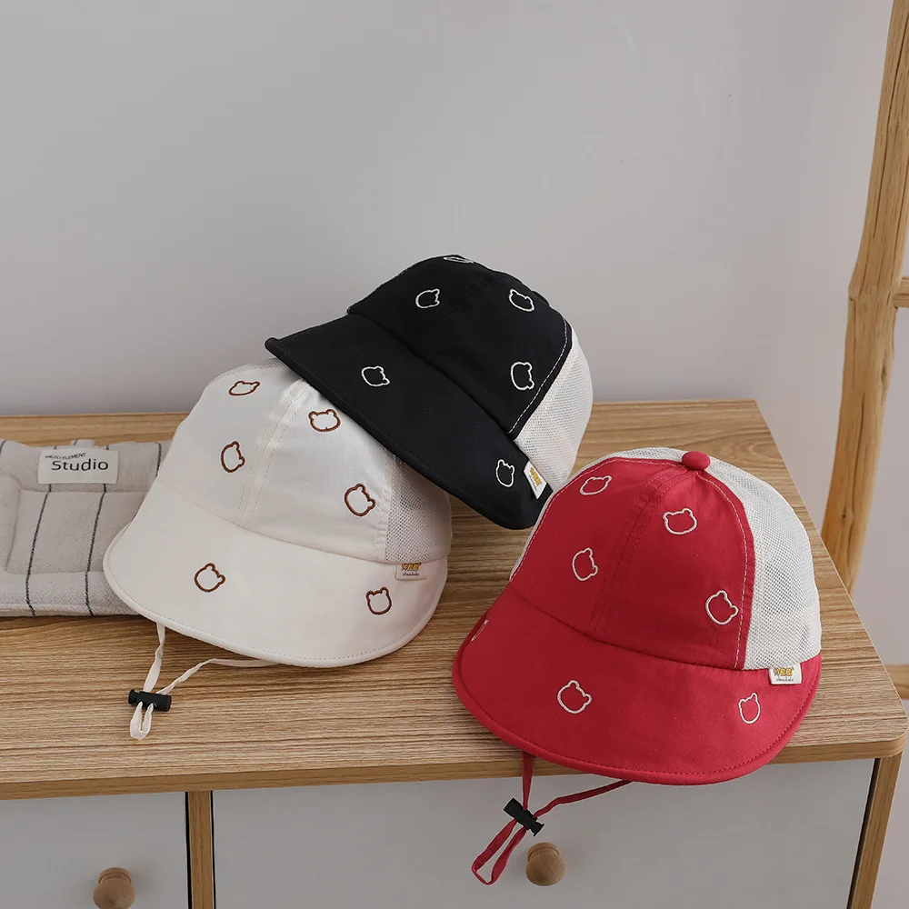 

Children Hat with Bear Cute Embroidery Summer Mesh 50-52cm Kids Sun Outdoor Leisure Cap Girls Boys Bucket Hat Baby Caps