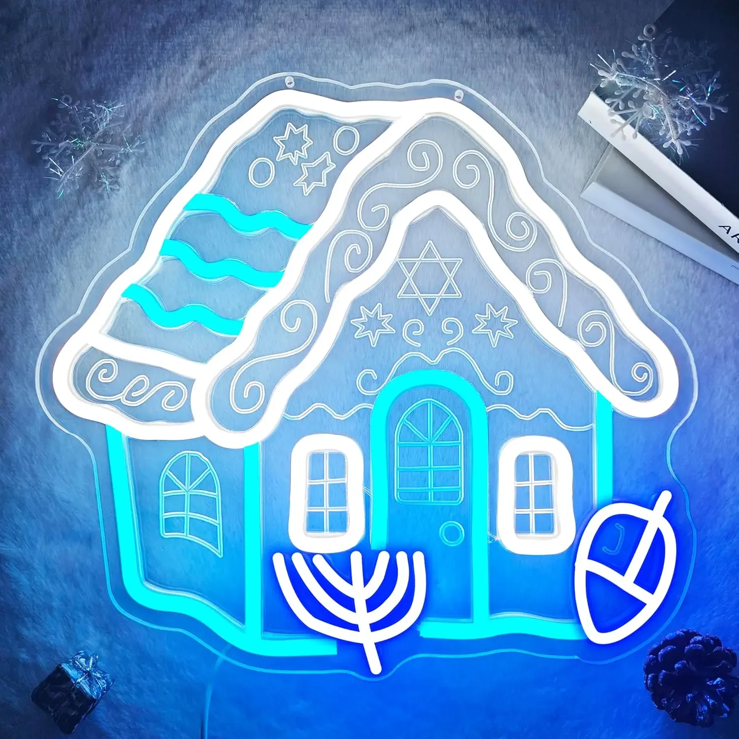 Hanukkah House Neon Sign LED Wall Art Menorah Star Of David Winter Snow USB Powered Dimmable Light Party Bar Shop Holiday Decor