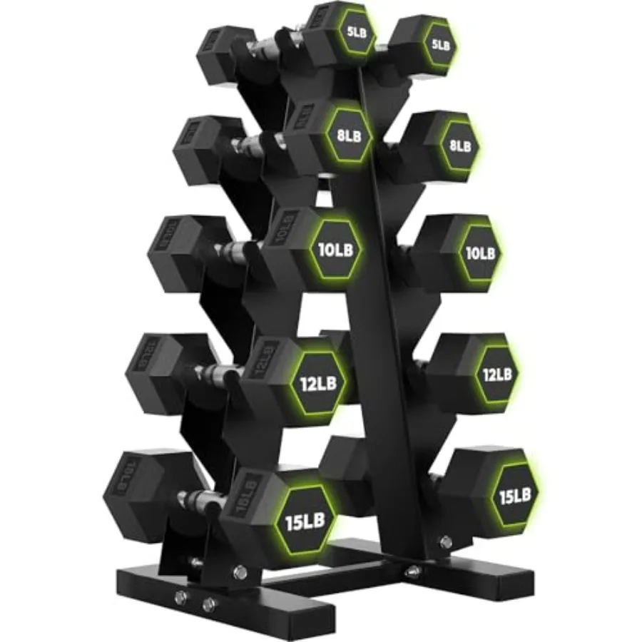 Rubber Coated Hex Dumbbell Set with A-Frame Rack 100 lb - 550 lb Multiple Options Weight Hexagon Non-Rolling Shape Ergonomic Kn