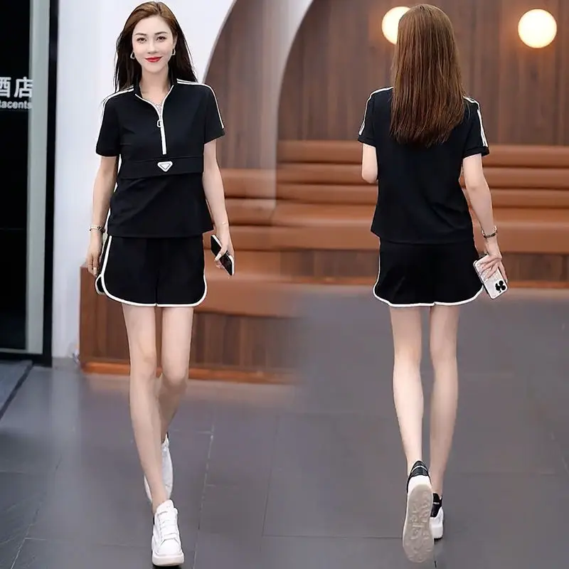 Fashion Sportswear Women's Set New Spring and Summer Korean Version Casual Short Sleeved Shorts Two-piece Set for Reducing Age