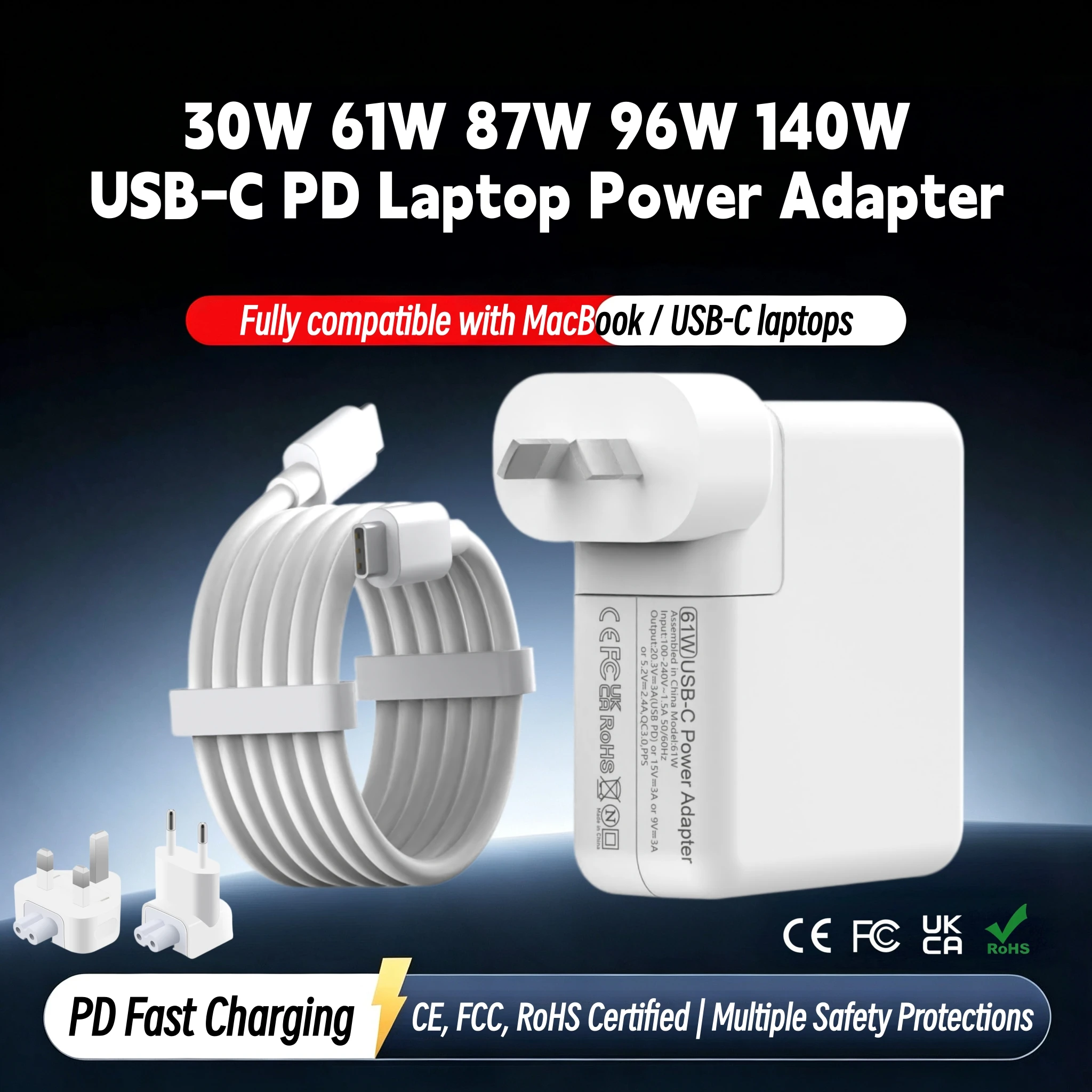 30W 61W 67W 70W 87W 96W 140W PD USB‑C Power Adapter Fast Charger Universal Laptop Charger Compatible With MacBook Pro Air Series