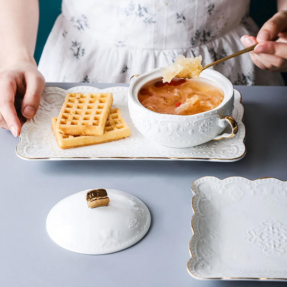 

Миска с фруктами и ручками, миски для супа с сервировочными крышками, формы для выпечки, десертная двойная ложка, керамическая