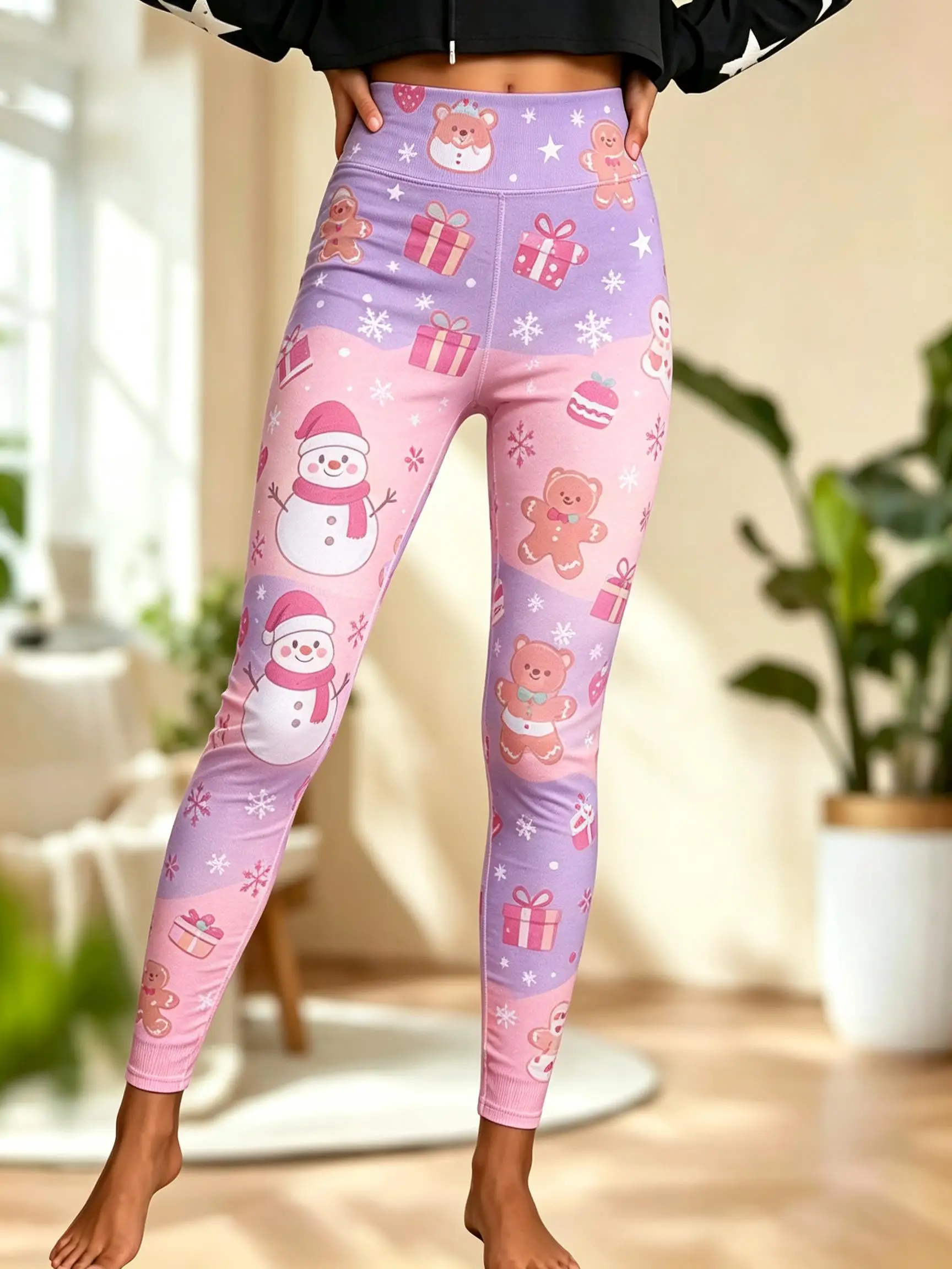 Women Fleece‑Lined Mid‑Rise Leggings Christmas Gingerbread Man Train Gift Box Print Slim Warm Pants - view 3