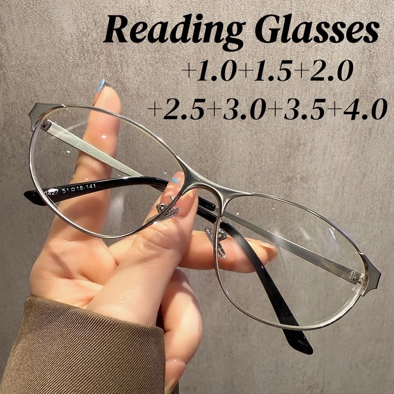 

Trendy Women Cat Eye Reading Glasses New Fashion Men Metal Frame Anti Blue Light Far Sight Eyeglasses with Plus Diopter To+4.0