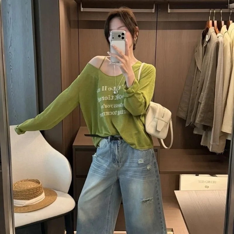 Women Letter Print Off Shoulder Long Sleeve T Shirt Summer Thin Loose Sun Protection Casual Top S-4XL