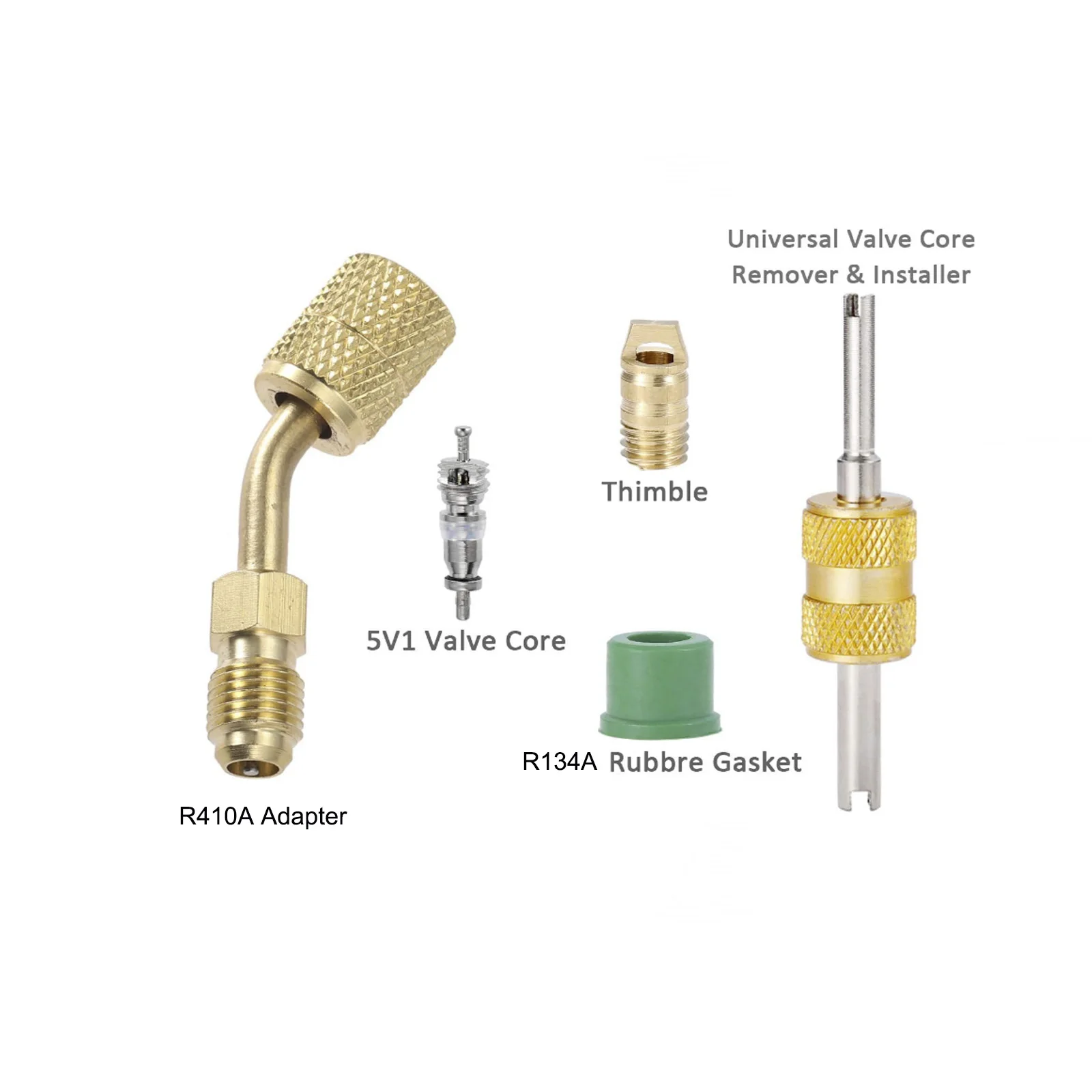 R410a Adapter Charging Vacuum Port Adapter, 5/16 Female 1/4 Male Flare, Valve Core Remover, r134a Hose Gaskets, 5V1 Valve Cores