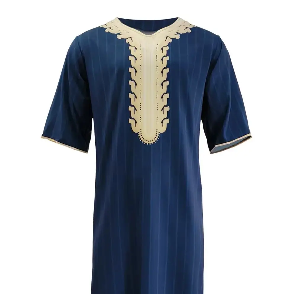 Abiti musulmani da uomo stampati Abito arabo da uomo mediorientale Allentato scollo a V a maniche corte Abbigliamento musulmano da uomo stampato islamico