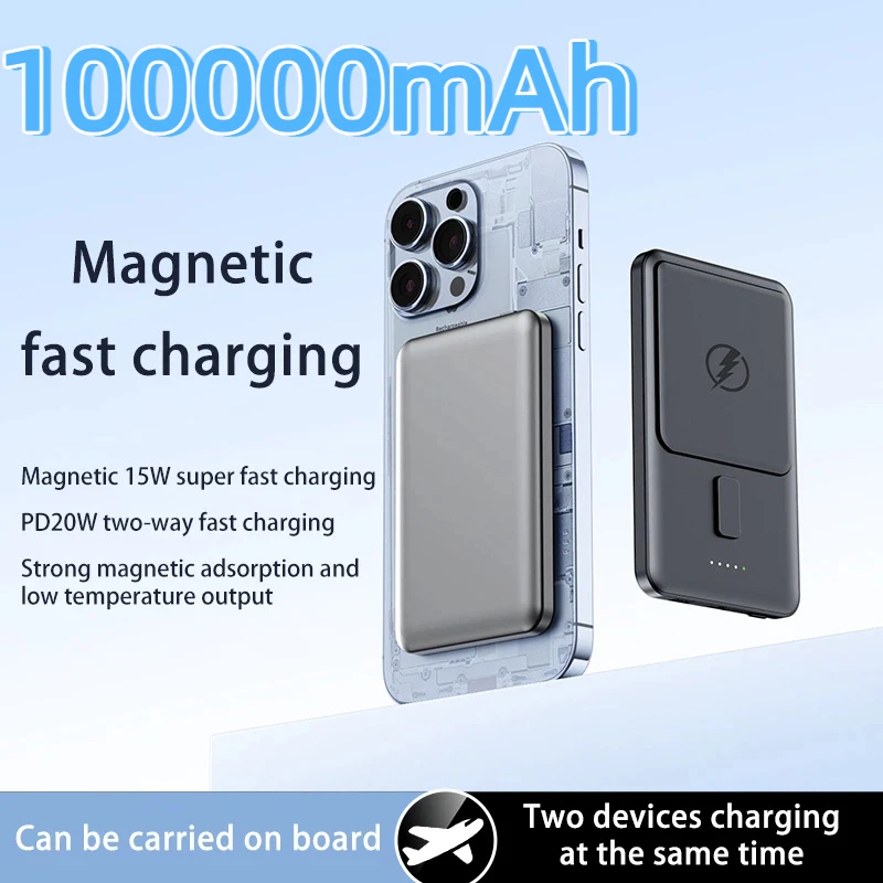 100000 мАч Магнитный беспроводной PowerBank PD 20 Вт Быстрое зарядное устройство Тонкий внешний аккумулятор Портативная вспомогательная батарея для iPhone Xiaomi