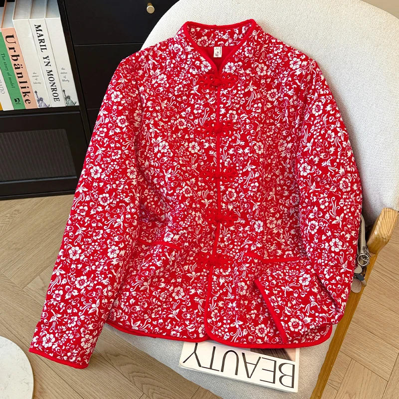 

Thickened Cotton Jacket with Button Design Floral Print Warm Winter Outerwear Straight Cut Long Sleeve Stand Collar Coat for ...