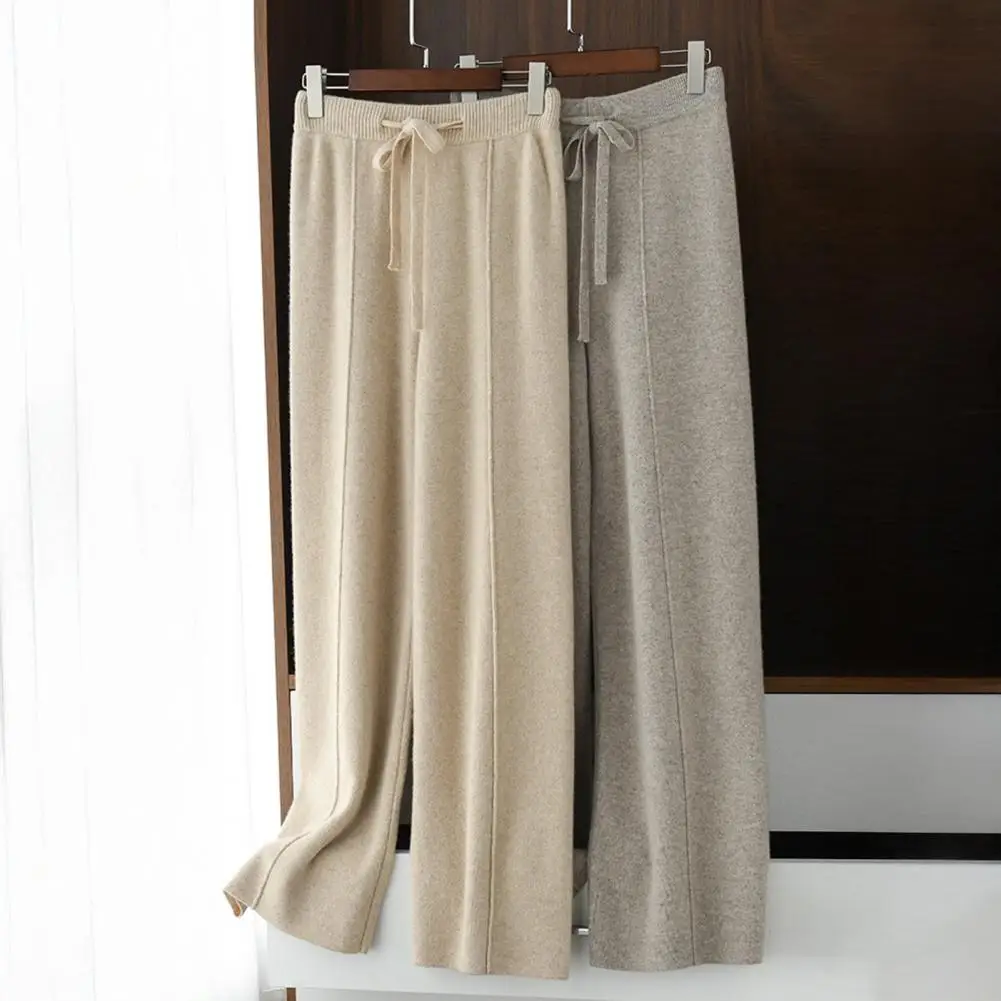 Women Long Pants Trousers Women’s High Waist Wide-leg Knitted Pants with Pockets Elastic Waist Autumn Winter Warm Trousers