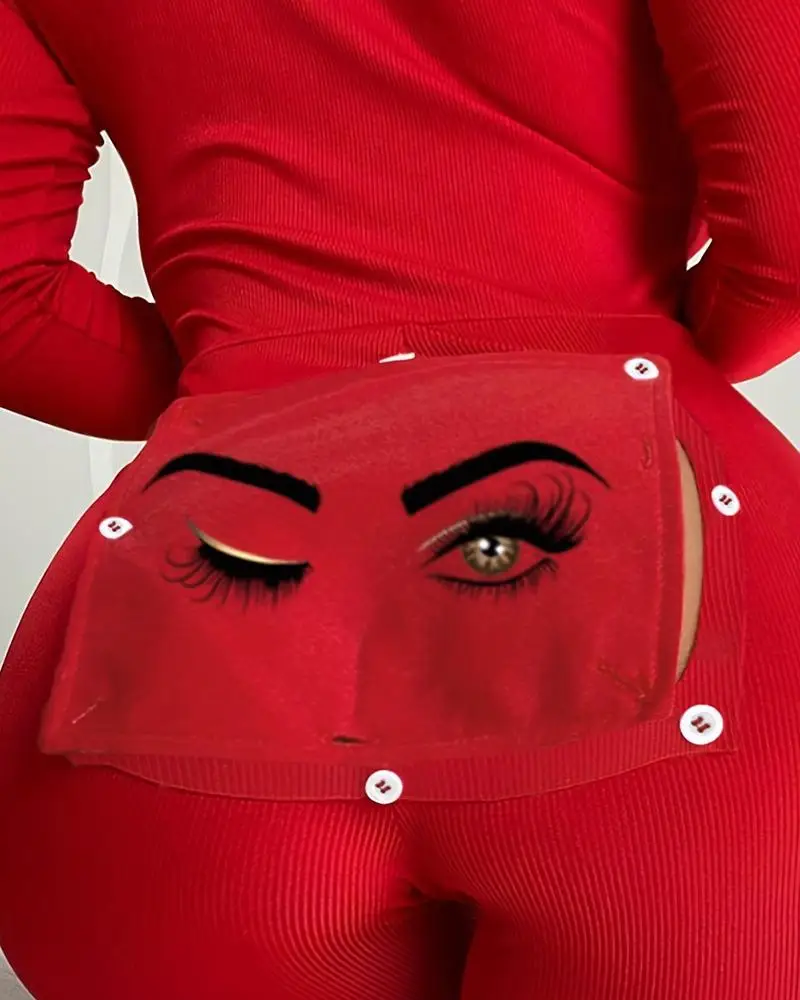 섹시한 여성용 점프수트 2024 가을 솔리드 컬러 니트 버튼 오픈컷 섹시한 눈 프린트 탄력있는 타이트 여성용 러브 파자마 점프수트