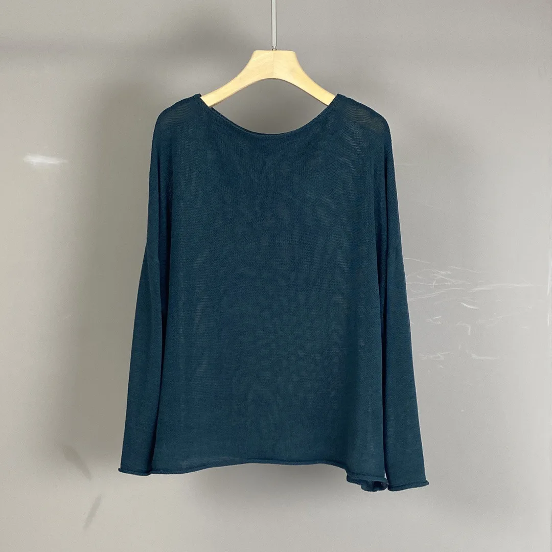 2025 Primavera y novedad de verano, Tops de manga larga tejidos de lino sueltos y cómodos, jersey fino de Color sólido para mujer