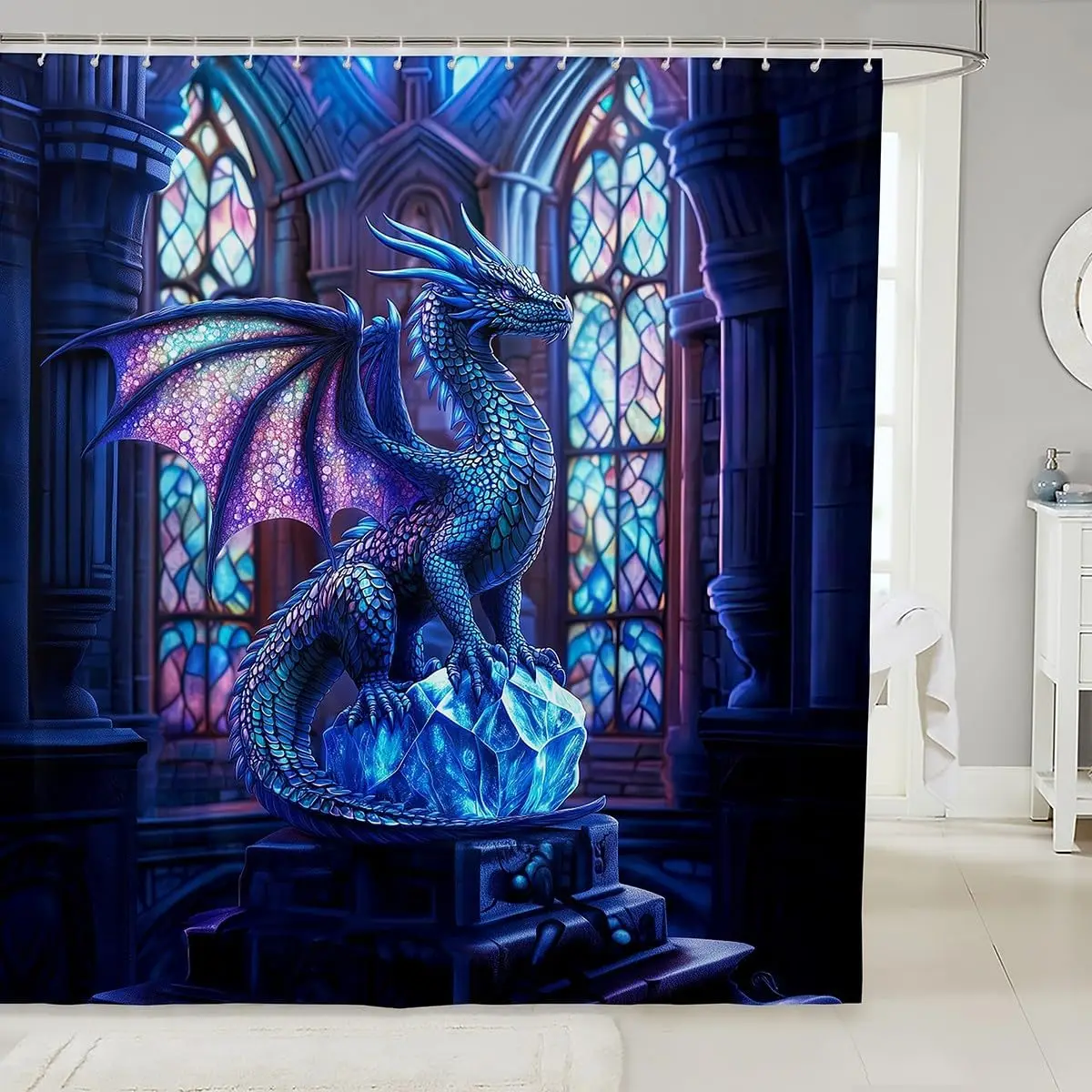 Dramatic Fantasy Dragon Stained Glass Shower Curtain Waterproof Bathroom Curtain Gothic Royal Blue Home Decor Luxury Bath 180x18