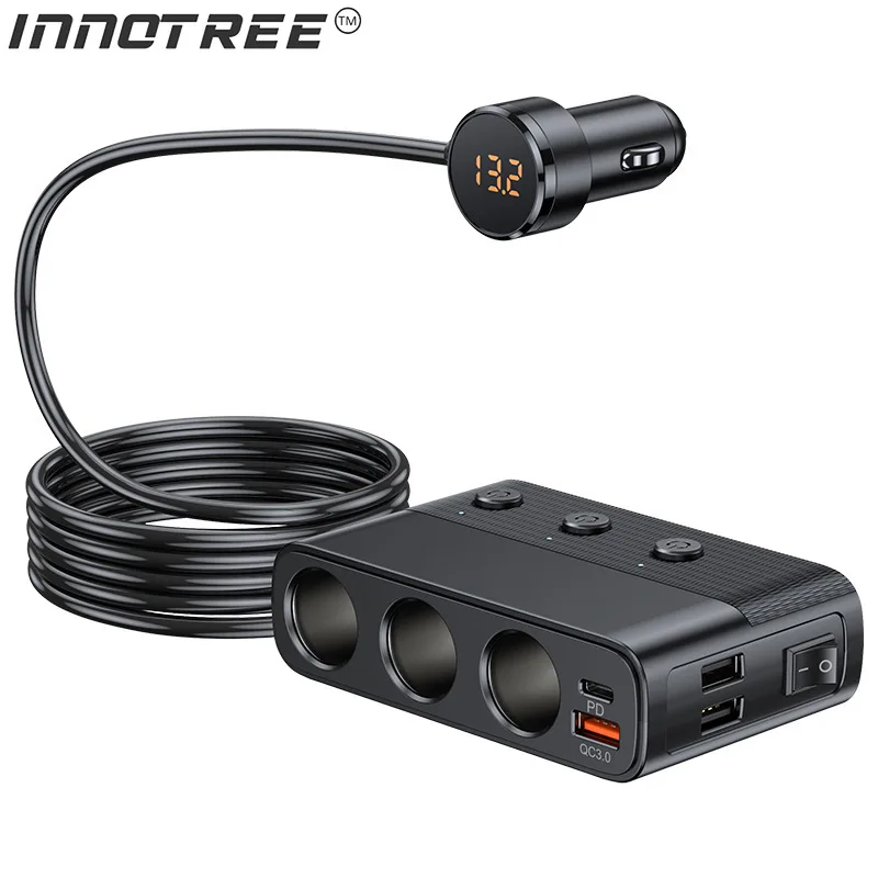 

128W 7 in 1 3 USB Car Charger Fast Charging PD Type C Car Phone Charger Adapter 12V 24V Car Cigarette Lighter Splitter Adapter