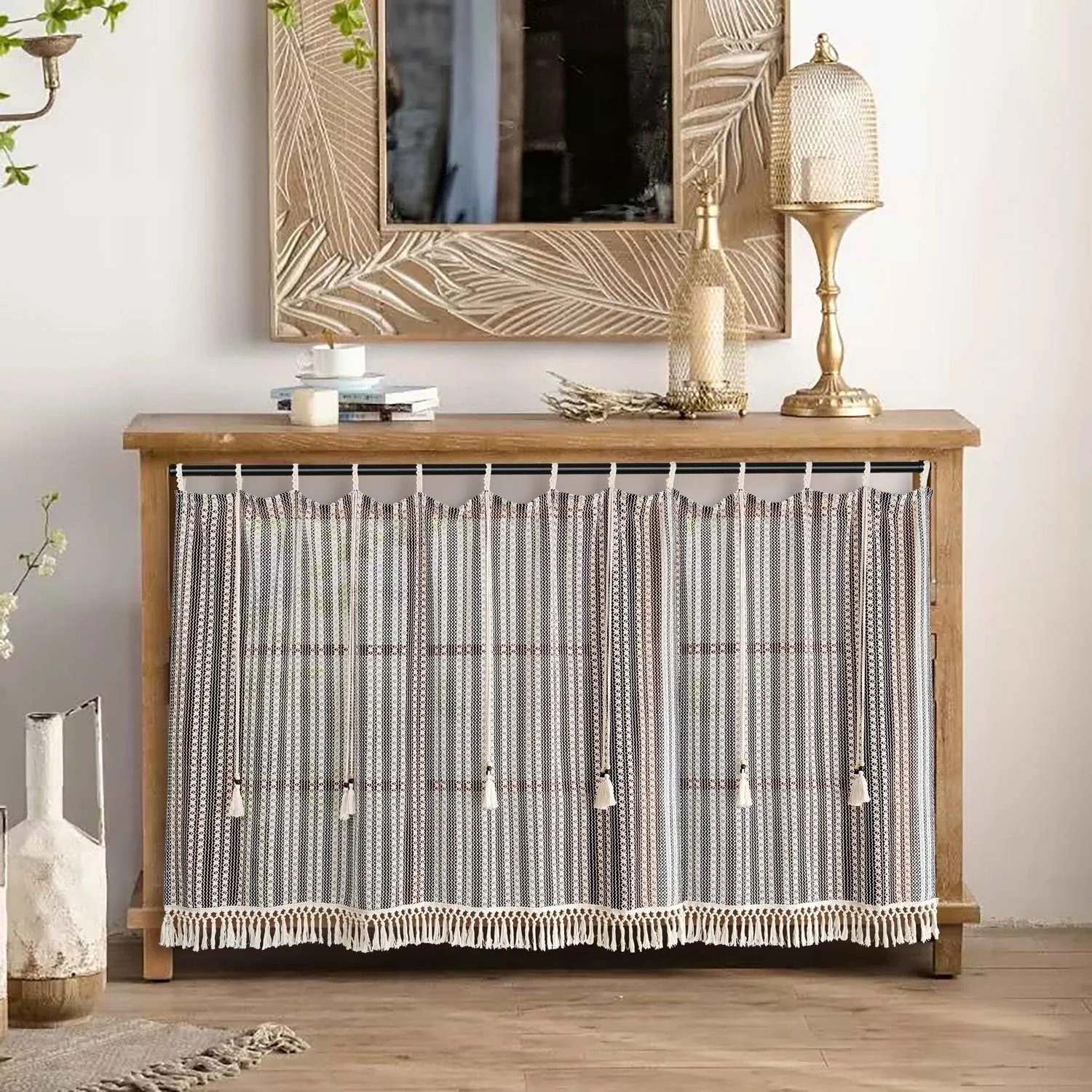 

Boho Black White Stripes Short Curtian with Tassel Bottom, Suitable for Kitchens, Farmhouses, Offices Neutral Tab Top Curtains