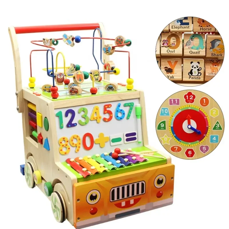 Factory Direct Sales Wooden infant baby walker trolley Walker Multi-function round bead treasure box