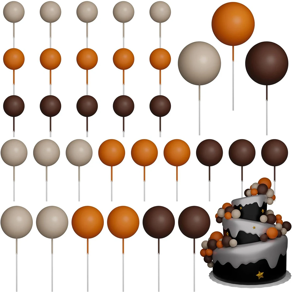 33 Stück Khaki/Orange/Braun Kugeln DIY Kuchen Topper Mini Luftballons Cupcake Toppe Dekoration für Jahrestag/Geburtstag/Halloween