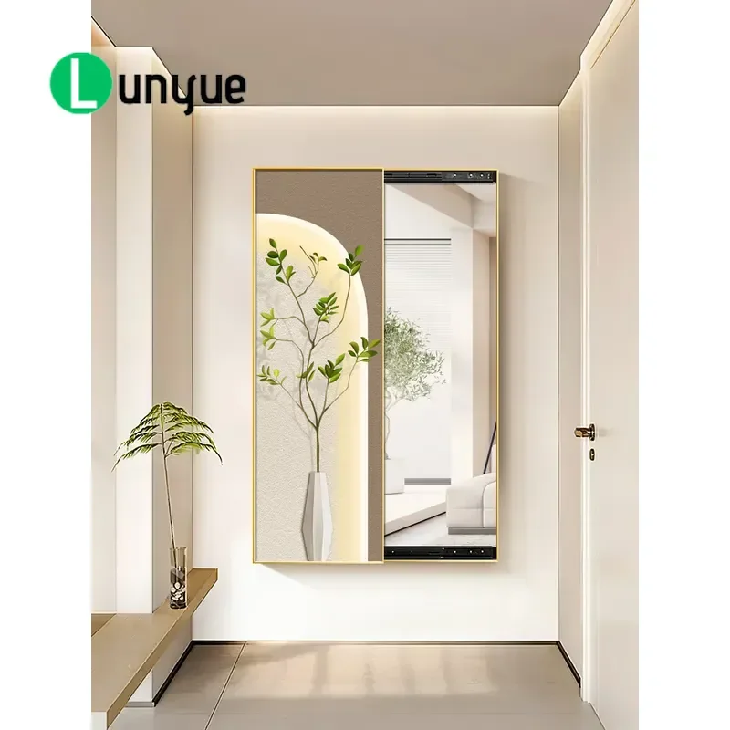 Nordic Style Push Pull Hidden Full Body Mirror Mural Green Plant Decorative Painting for Bedroom Cloakroom Porch Wall Art