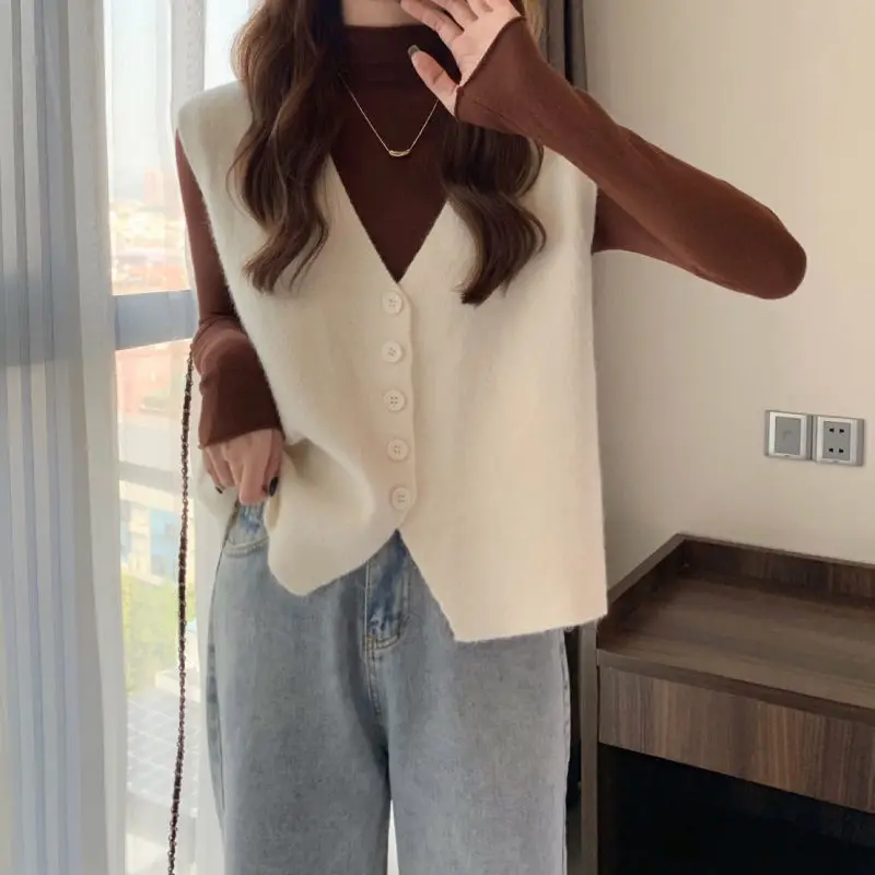 Cardigan Vest Autumn and Winter 2023 Little Fragrant Sweater Knitted Vest Women Sleeveless Overlapping Small Cuff Sweater Vest