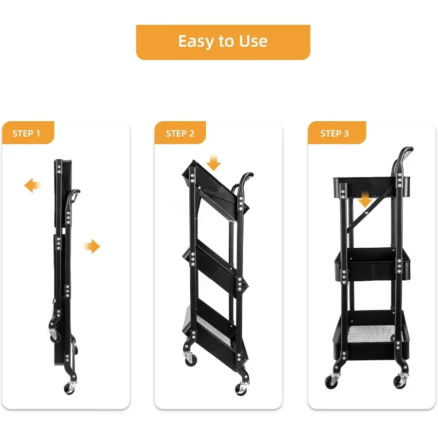 3 Tier Foldable Rolling Cart with Wheels for Kitchen Office Nursery Storage Organization Collapsible Utility Cart with 3 Hangin