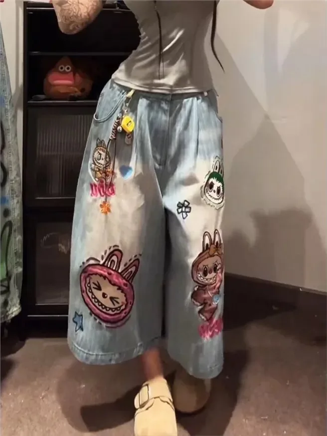 

Y2K женские винтажные джинсы из ткани, американские ретро джинсы с вышивкой, прямые свободные короткие брюки с широкими штанинами