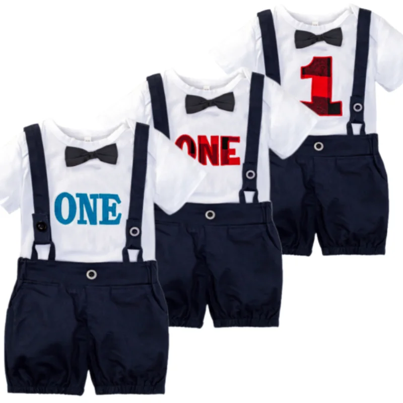 

Infant Boy 1st Birthday Costume Gentleman Summer Cotton Clothes Romper with Overalls Toddler3-24M Party Formal Outfit Baby Sets