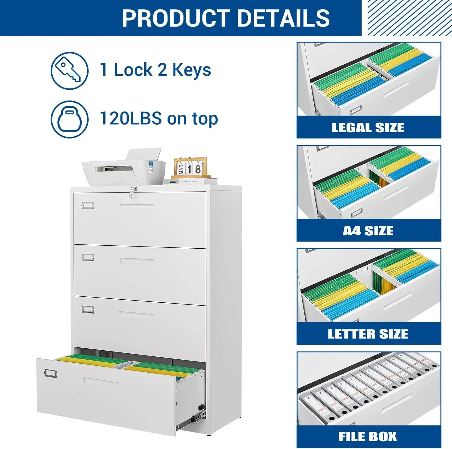 Fesbos-Arquivo lateral com trava, 4 gavetas, arquivo de metal grande, Home Office, armazenamento bloqueável para pendurar