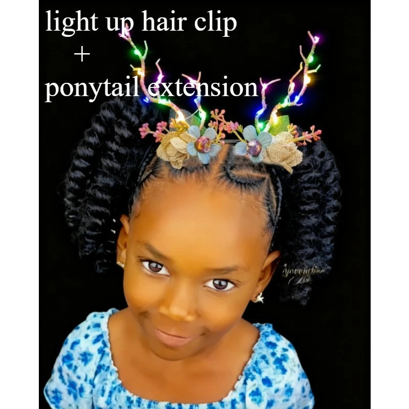 

Children's Christmas Hair Set - LED Antler Hair Clips & Braid Ponytail Extensions - Kids Elastic Hairpiece with Light Up Decor