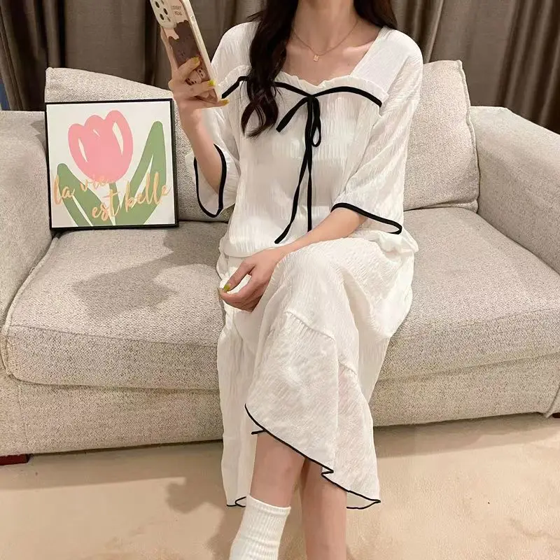 

Nightgowns Women Simple Ribbons Summer Loose Design Trendy Korean Style Sleepwear Daily Leisure Sweet Girls Soft All-match Chic