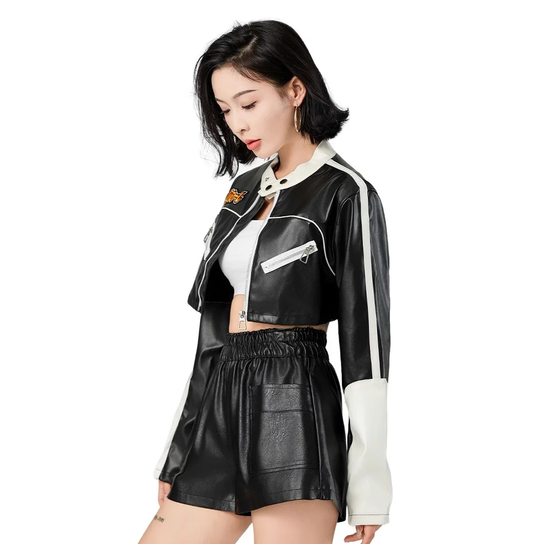 Street Sle Biker Jaet Abrigo de cuero ort para mujer Sexy chica picante Color Blo Personali cuero transfronterizo irt