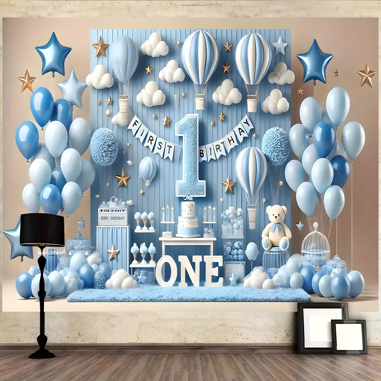 1 Stück „Happy Birthday“ blaues und weißes Ballon-Hintergrundbanner, perfekt für Wohnzimmer, Schlafzimmer, Bürodekoration