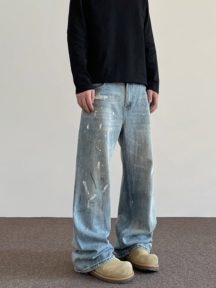 

a PUEE American Retro High Street Vibe Splaed Ink Jeans Loose Straight Cut Versatile Design Sense Pants Youth Casual Jeans