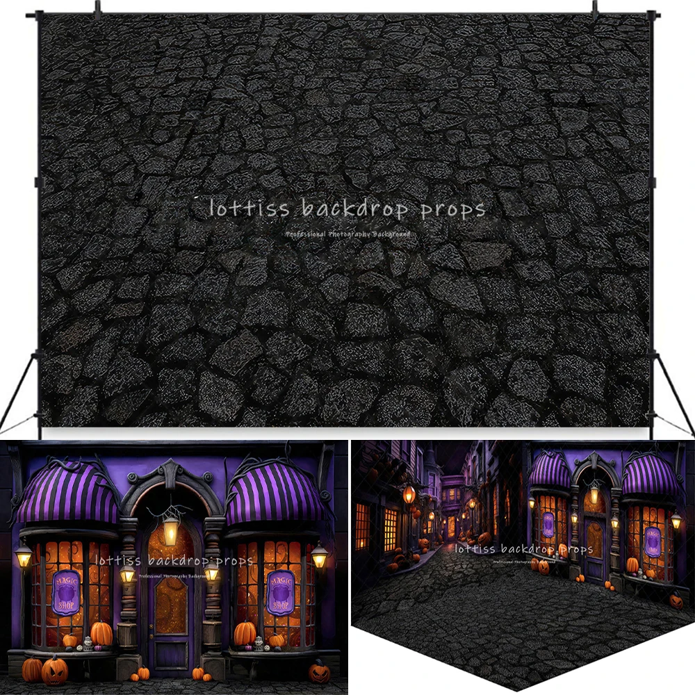 Haunted Halloween Street Backdrops Child Photography Props Kids Adult Festival Decors Magic Shop Front Background image 4