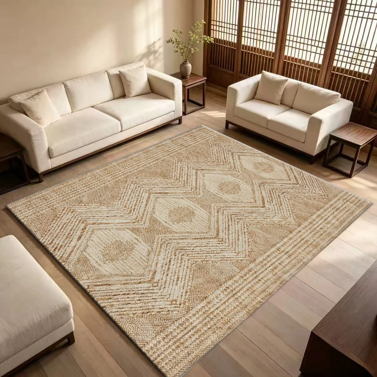 Bohemian Style Jute Texture Square Rug, Soft Non-Slip Floor Mat, Geometric Decorative Carpet Suitable for Living Room and Bedroom