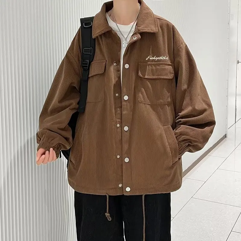 

American Retro Corduroy Jaet Men's Spring Autumn Loose Casual Couple's Faion Workwear Jaet Long Sve Button up