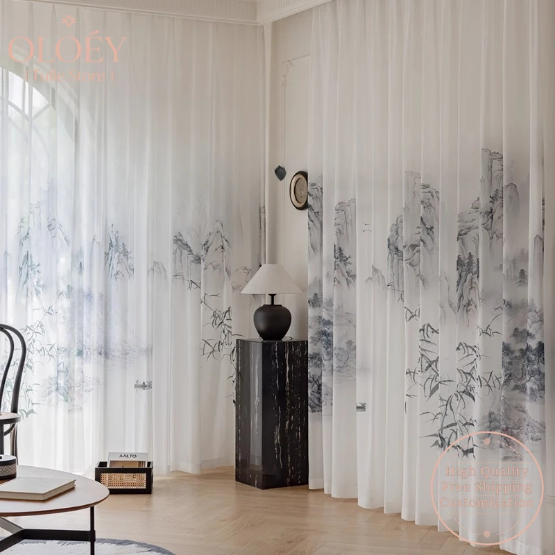 

New Chinese Style Zen Ink Painting Curtains for Tea Room Study Living Room Classical Landscape Window Gauze Drapes Home Decor