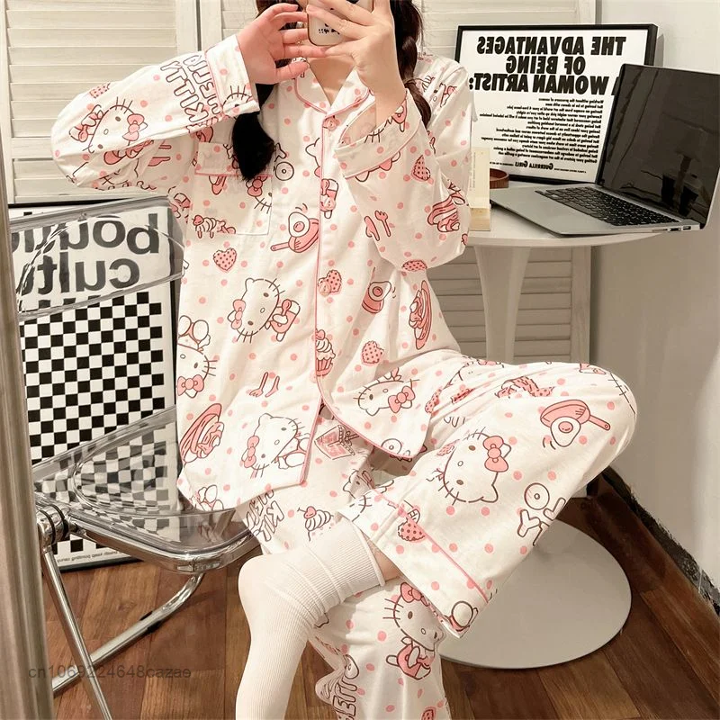 Sanrio Hello Kitty Printed Cartoon Pajamas Girls Spring  Autumn Long Sleeve Cotton Home Clothes Set Y2k Soft Tracksuit For Women