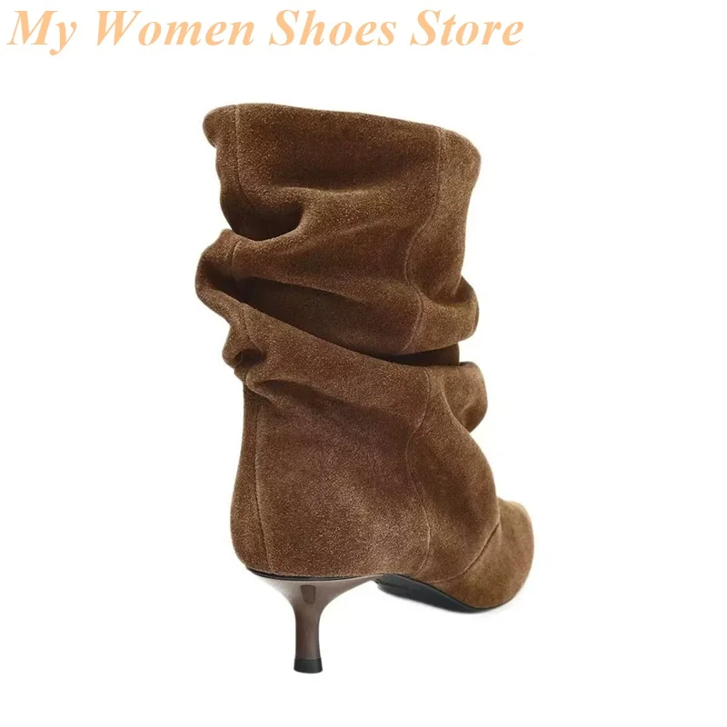 مترهل الجلد المدبوغ البني الكاحل الجوارب مثير مدبب تو خنجر رقيقة عالية الكعب الانزلاق على المدرج 2026 الشتاء الخريف النساء فستان أحذية
