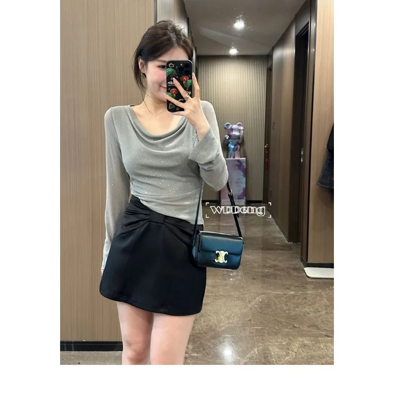 無地プルオーバーボトムシャツスパンコール気質不規則な春夏長袖メッシュトップ