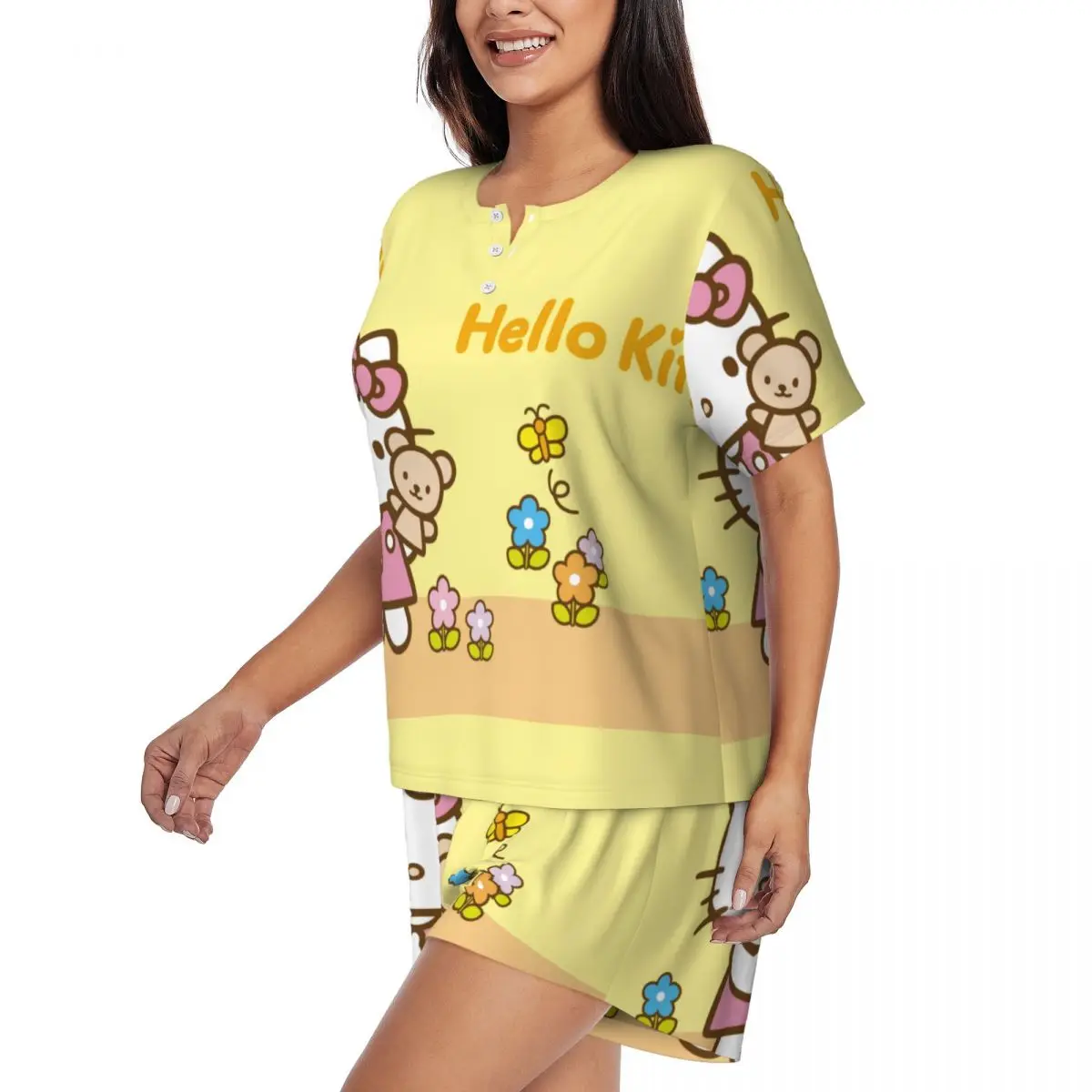 Custom Cartoon Anime Hello Kitty Pajamas Set Womens 2-Piece Short Sleeve Sleepwear Loungewear PJS Shorts Sets