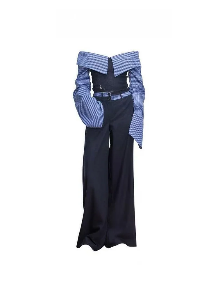 

Retro Color Block Long Sleeve One Shoulder Striped Patchwork Women's Shirt Spring College Style Casual Wide Leg Pants Set