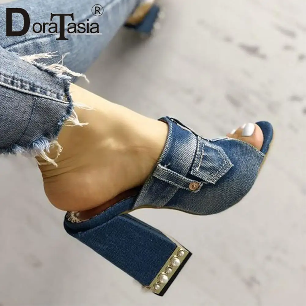 Brand New Ladies Peep Toe Denim Mules Fashion Chunky High Heels Summer women's Slippers Party Office Sexy Sandal Woman Shoes