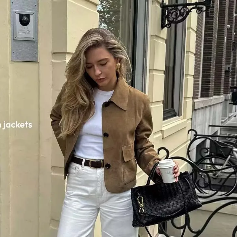 

2 colors New Women Lapel Collar Long Sleeve Faux Suede Jacket Single Breasted Casual Vintage Short Outerwear
