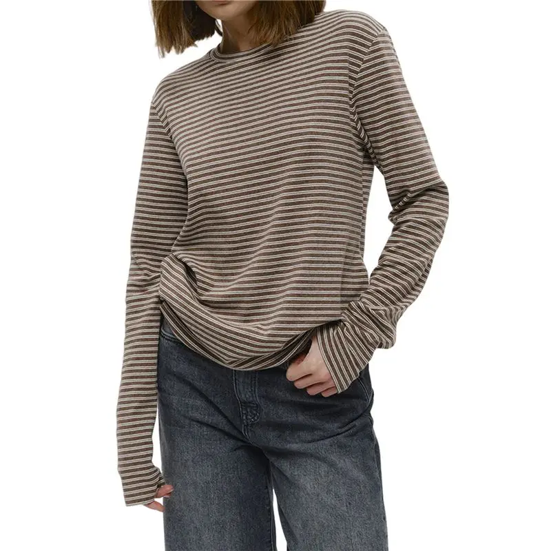 

CYL-Womens Striped Long Sleeve Shirt Crew Neck Tops Loose Fit Tshirt