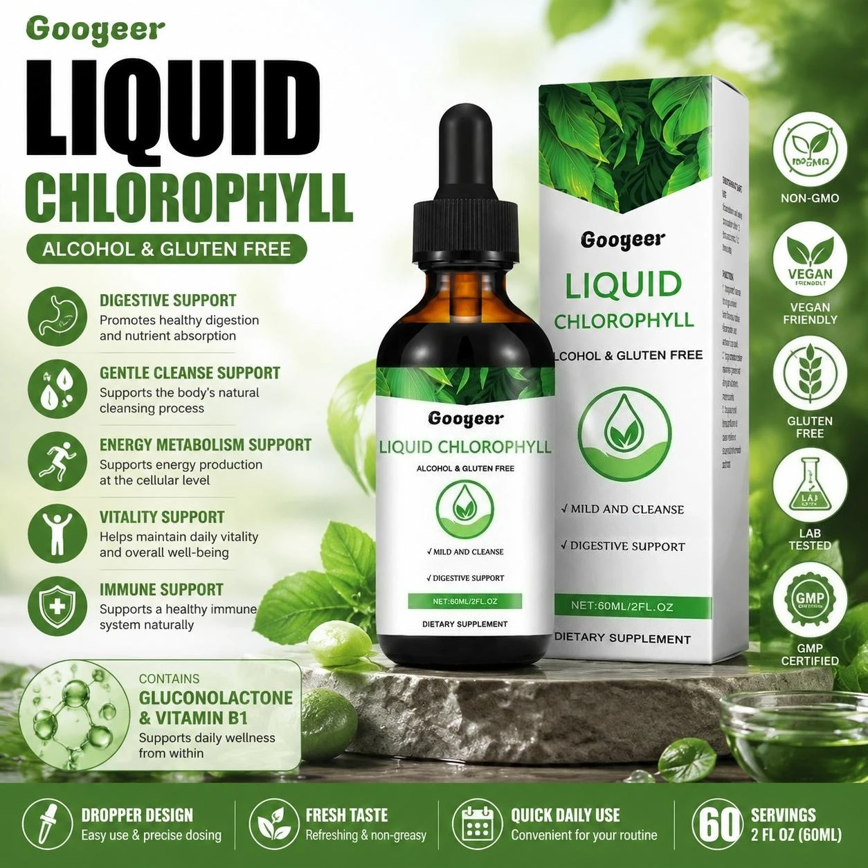 Googeer Liquid Chlorophyll Drops 60ml Digestive Support Gentle Cleanse Energy Metabolism Vitality Immune Support Non-GMO Vegan